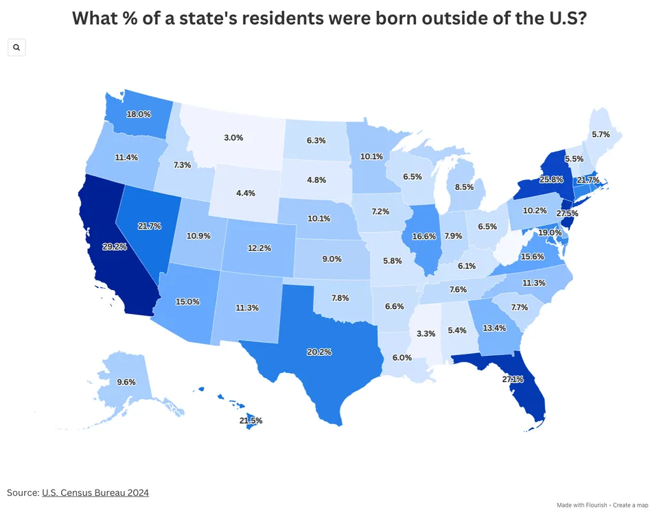 Map showing the share of each state's residents born outside the U.S.